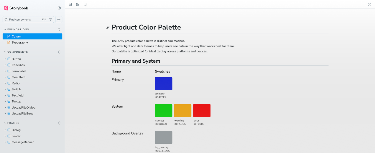 storybook documentation of Arity color palette