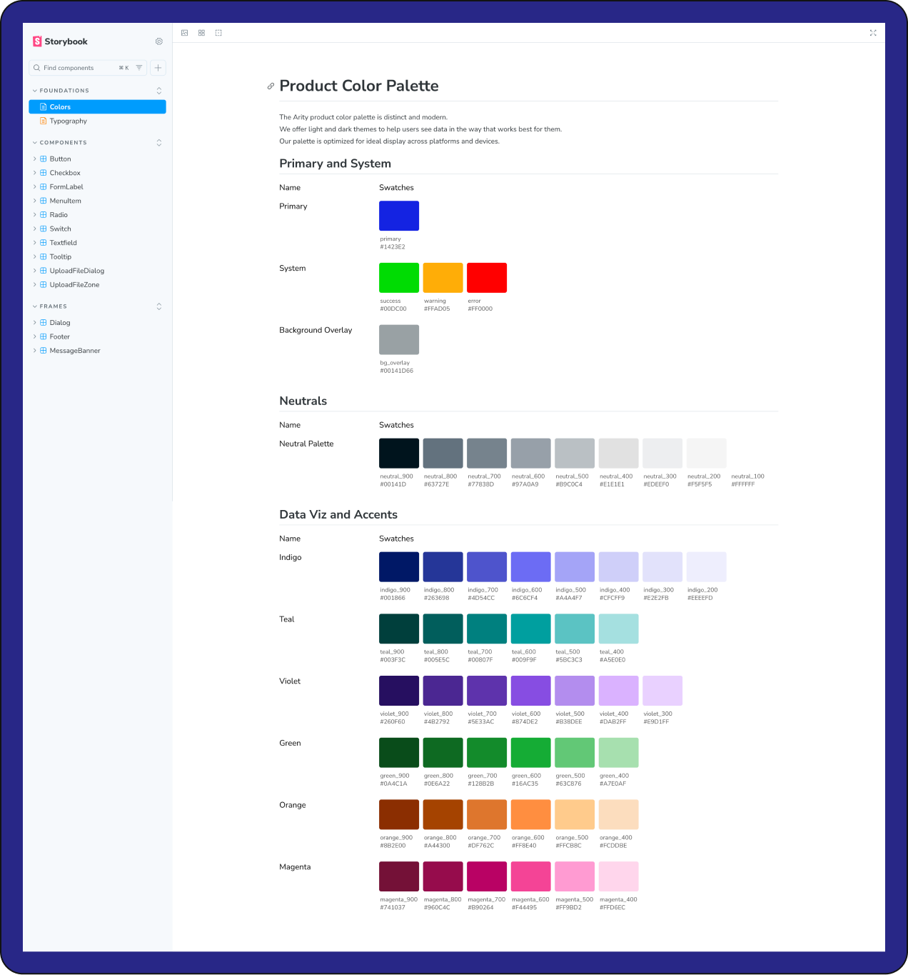 Storybook ColorPalette page